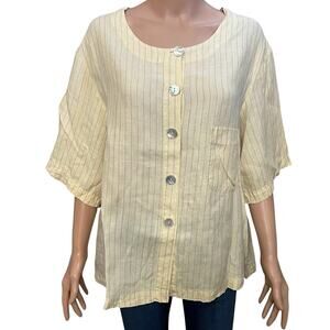 Via Vai By Pollero Women Linen Button Down Blouse Large Striped Lagenlook Casual